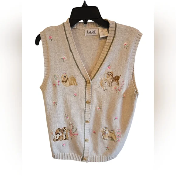 Vintage Embroidered Beige Cardigan Knit Sweater Vest with Dog Embroidered Blouse - Picture 4 of 9